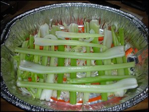 Roasting pan: onion, carrots, and celery